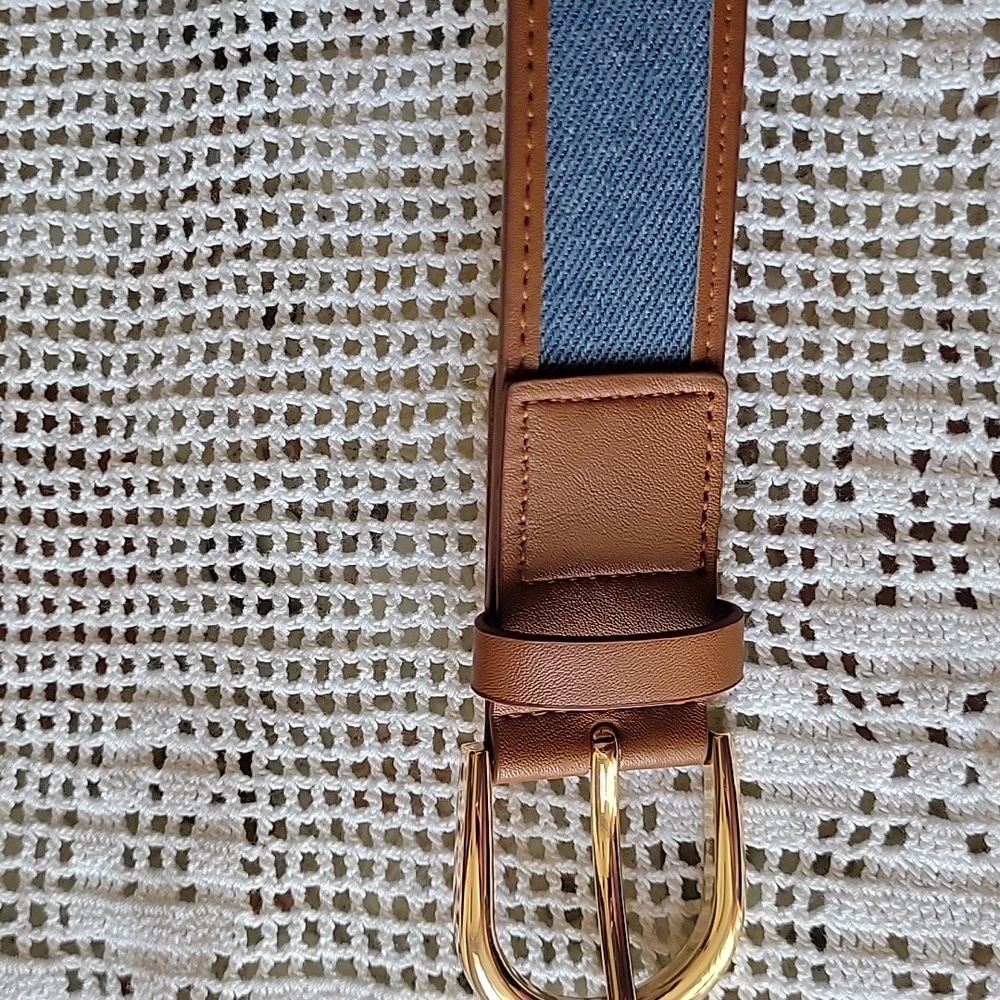 NWT Ann Taylor Blue Denim and Tan Leather Trim Belt Size S - Picture 5 of 5